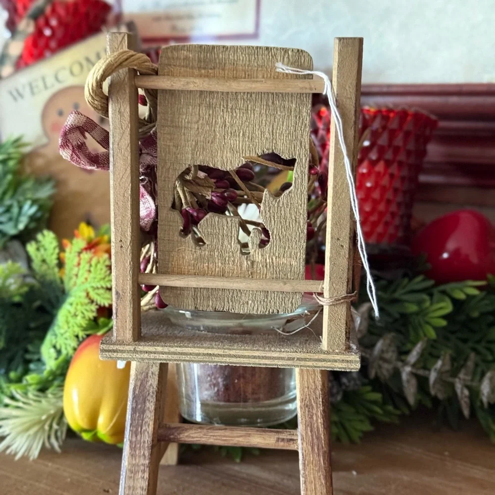 1994 Rustic Wooden Holiday Tealight Chair with Red Berry Garland